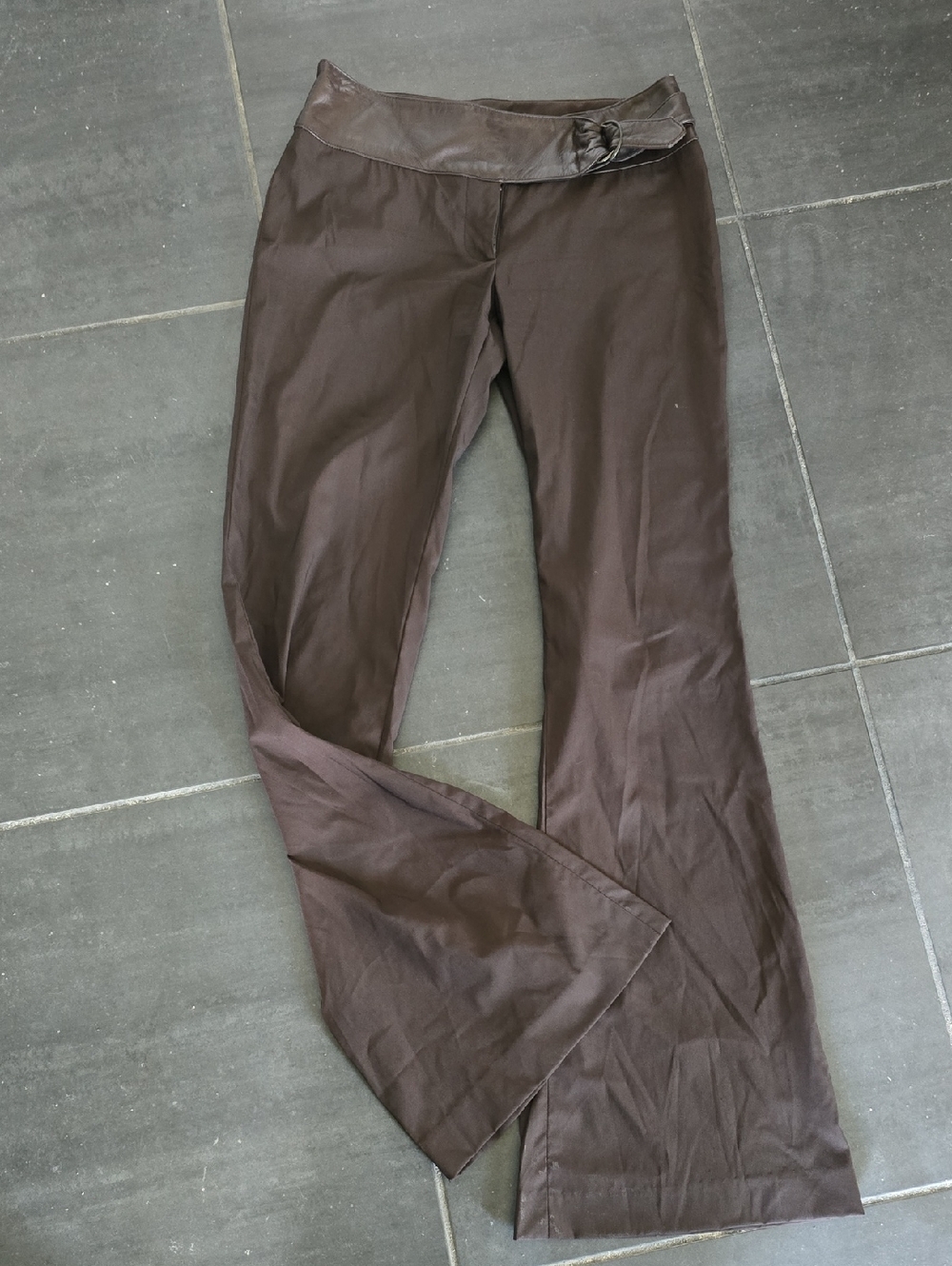Guess Collection-Chocolate Brown Flare-Leg Pant w/Belted Genuine Leather Waist